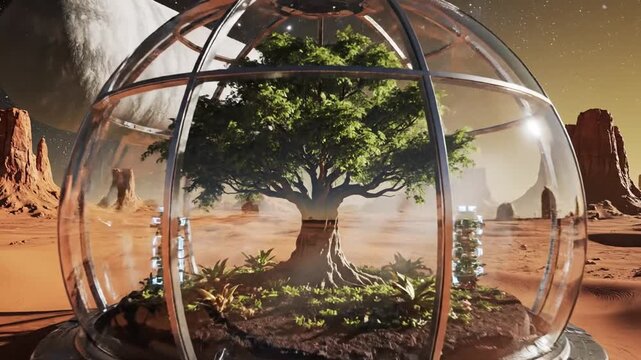 A lone green tree grows inside a glass dome amid a desert sunset surrounded by interconnected rings