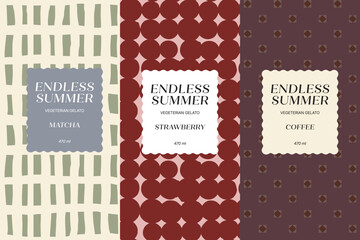 Set of funny doodle kids seamless patterns. Summer holidays, sweets. Hand drawn white outline illustration. Abstract scribble elements childish background 