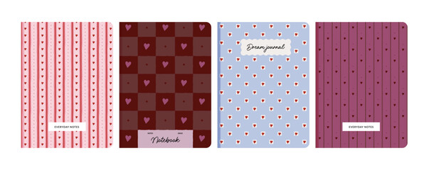 Set of romantic heart pattern notebook, dairy, planner cover designs. Valentine's Day stationery templates with pink and red seamless geometric motifs.