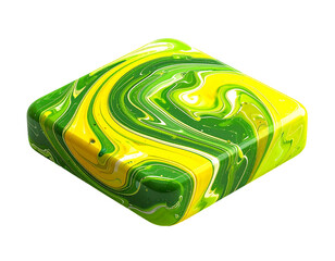 Cube with glossy finish, vibrant swirls of yellow, green, and white