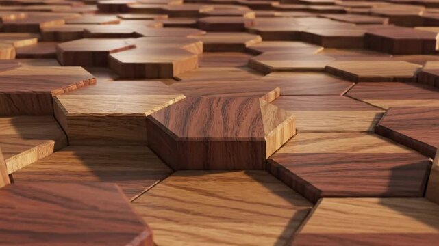 Close-up view of a tessellated wooden hex flooring, warm grain, geometric repeating pattern depth.!!