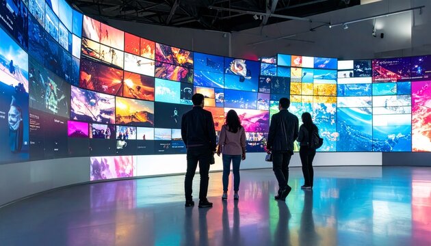 Modern poster with people exploring colorful digital screen installation. Concept of media technology, content creation, digital marketing, exhibition experience, and advertising presentation
