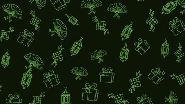 Seamless looping Eid celebration pattern animation with lanterns, ketupat, gifts, and traditional fans. Line art icons on dark background, perfect for festive motion graphics and holiday videos.