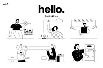 A modern collection of minimal black-and-white line illustrations featuring business characters, creative professionals, productivity scenes, and digital workspace concepts. Vector illustration