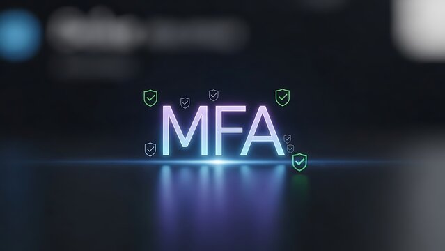 Modern MFA security concept with glowing letters and shield icons - Powered by Adobe