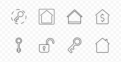 Real estate and access set icon. Keys, padlocks, and house visuals convey security, property ownership, home entry, and housing financial themes through outlined line symbols