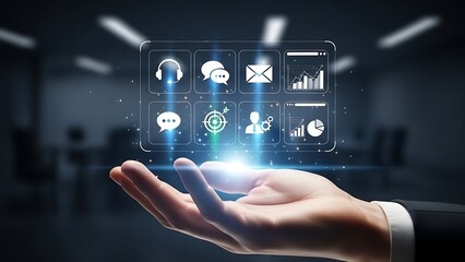 Businessman presenting innovative technology solutions with glowing icons