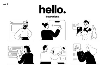 A modern collection of minimal black-and-white line illustrations featuring business characters, creative professionals, productivity scenes, and digital workspace concepts. Vector illustration