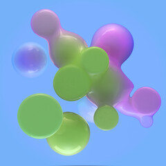 Composition of flowing liquid drops with smooth, rounded contours. Their green-purple gradient harmonizes with the rich blue background. 3d rendering digital illustration