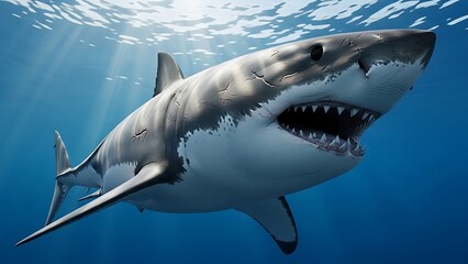 Fototapeta premium Massive Great White Shark Swimming in Deep Blue Ocean Water