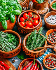 Vibrant herbs and spices display rustic kitchen food photography colorful ingredients top-down view culinary inspiration
