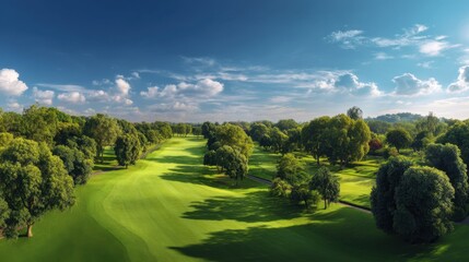 A golf course stretches across the landscape showcasing well maintained green grass and scattered trees. The sky is bright with fluffy clouds indicating a sunny day.