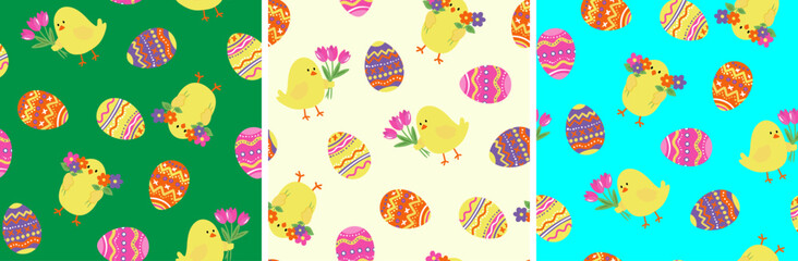 set spring holiday seamless patterns cartoon chickens flowers bouquets and decorated painted easter eggs wrapping paper design bright backgrounds