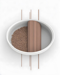 Preparing unique pasta dish with rice and noodles in a minimalist kitchen setup focused on culinary art