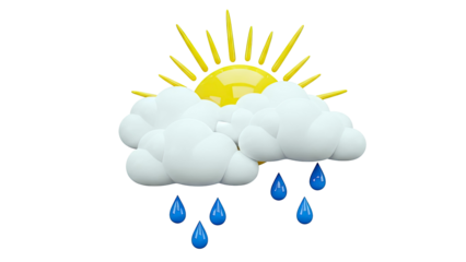 3D Icon of Sun with Clouds and Raindrops