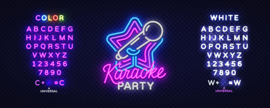 Colorful Karaoke party-themed neon image with microphone in a star and editable glowing characters.