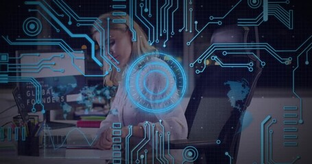 Multiple digital icons and neon round scanner against city traffic at scanning - Powered by Adobe