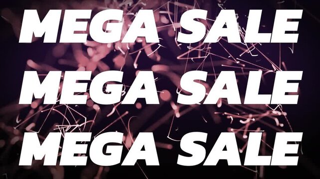 Animation of mega sale text banner over pink wavy lines moving against black background