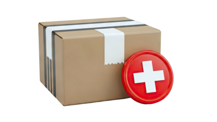 Cardboard box with a red and white cross icon