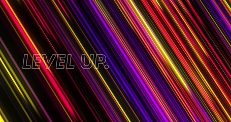 Animation of level up text over multicolored falling lines against black background - Powered by Adobe