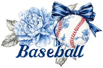 Blue Floral Baseball Design With Ribbon Bow And Elegant Flowered Ball Illustration For Sports Graphics