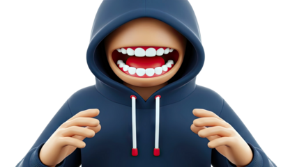 Cartoon character in a blue hoodie with a wide, grinning mouth.