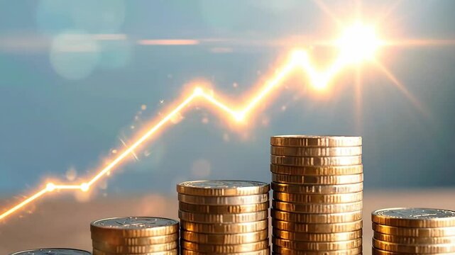 Stacks of golden coins arranged in ascending order, representing financial growth and investment.