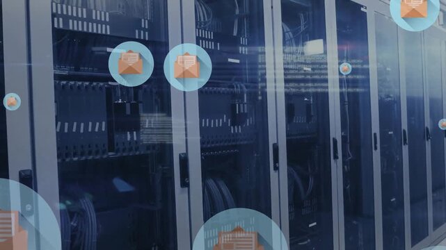 Animation of floating email icons over computer server room