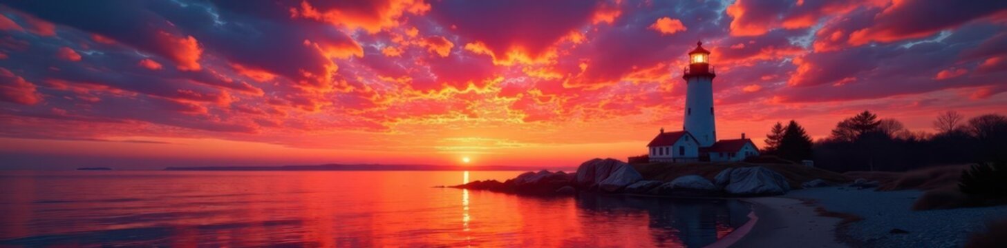 Annisquam Lighthouse stands tall against a fiery sunset, tranquil waters , ocean, historic