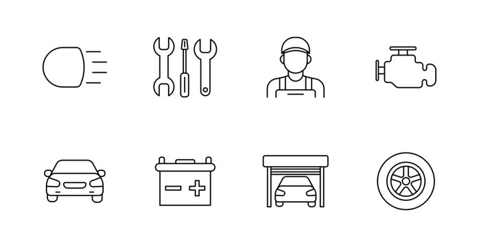 Car service set icon. Headlight, wrench, mechanic, engine, vehicle, battery, garage, wheel, auto, repair, maintenance, diagnostic, part, fix, service, transportation.