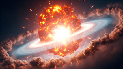 Explosive celestial body in space with planetary ring