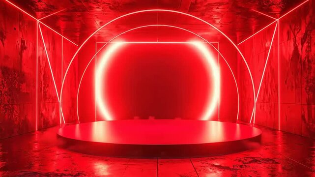 Abstract red neon light installation with a circular stage in a dark, ngy room.