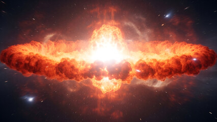 Explosion in space with orange smoke and bright light