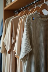 Clothes hanging on wooden hangers in closet