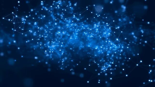 Abstract blue digital particles and connections forming a network. Visual representation of technology, data flow, and connectivity in the digital age