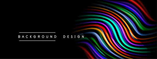 Fototapeta premium Abstract wavy lines form vibrant design over black background. Modern aesthetic, colorful gradients create dynamic visual impact.
