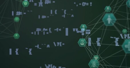 Animation of network of connections with icons and data processing over black background - Powered by Adobe