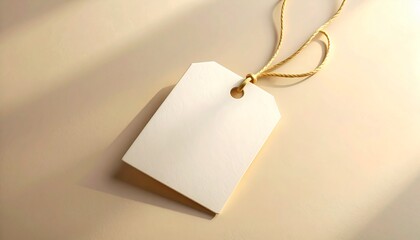 Square blank gift tag with smooth ivory paper, thin golden string, soft luxury lighting, premium background