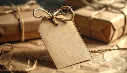 Minimal blank gift tag with kraft paper material, subtle grain texture, thin twine loop, soft daylight illumination, aesthetic background