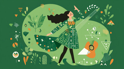 Illustration of Irish cultural symbols: dancer, musician, and traditional patterns. Minimalist style with a harmonious green palette. Clean background