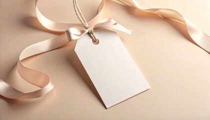 Luxury blank gift tag with thick matte cardstock, smooth edges, satin ribbon string, soft premium lighting, stylish background