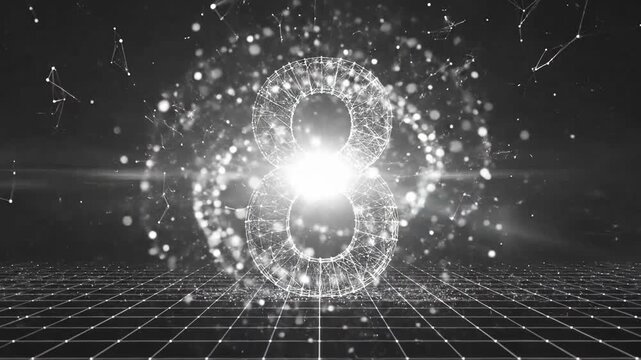 Abstract digital number eight with connected dots and lines on dark background.