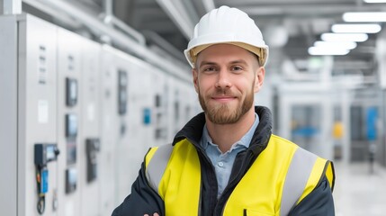 A professional electric engineer stands in a modern industrial control room, wearing a hard hat and safety vest. He smiles warmly while overseeing the equipment and operations around him