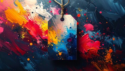 Abstract art gift tag with modern paint splashes, bold colors, gallery-style lighting, artistic background