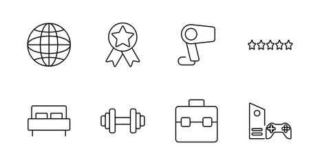 Lifestyle and leisure set icon. Globe, medal, camera, rating, bed, dumbbell, briefcase, gaming console depicted with minimal lines for travel, fitness, work, and entertainment visuals.