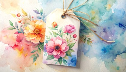 Artistic gift tag with hand-painted watercolor florals, creative brush strokes, premium paper texture, soft artistic background