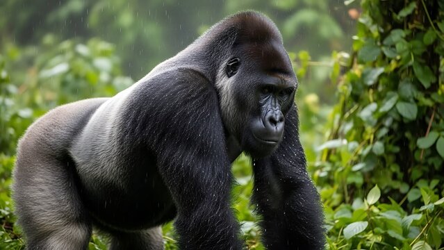 A powerful silverback gorilla stands majestically in a lush green jungle environment.