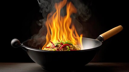Wok cooking with vibrant vegetables and flames creating a dramatic effect, showcasing the art of stir-frying in a black wok with colorful ingredients and intense heat - Powered by Adobe