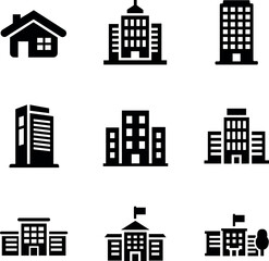 Building Typology Solid Icons Set on White Background. Minimal solid building typology icon set featuring house, office, school, hospital, and commercial structures.