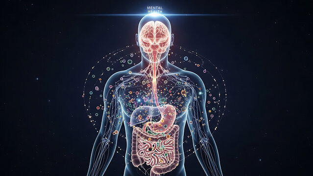Transparent human figure illustrating the intricate gut brain axis connection with a glowing neural pathway linking the cerebral cortex to the complex digestive system and intestinal tract.